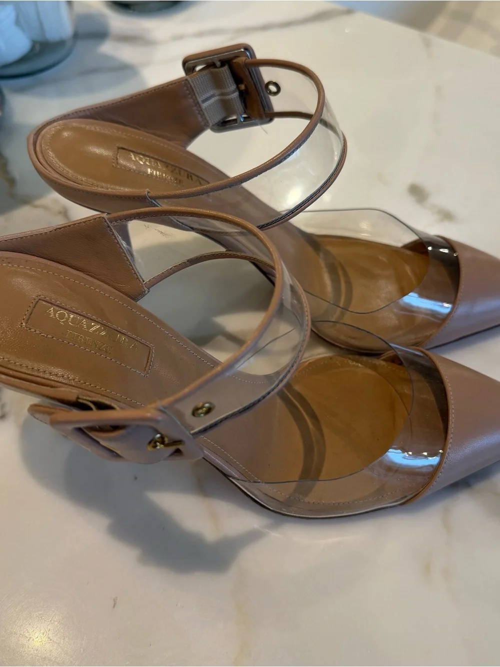 Aquazzura Tan Clear PVC Pointed Ankle-Strap Pumps - Picture 2 of 5
